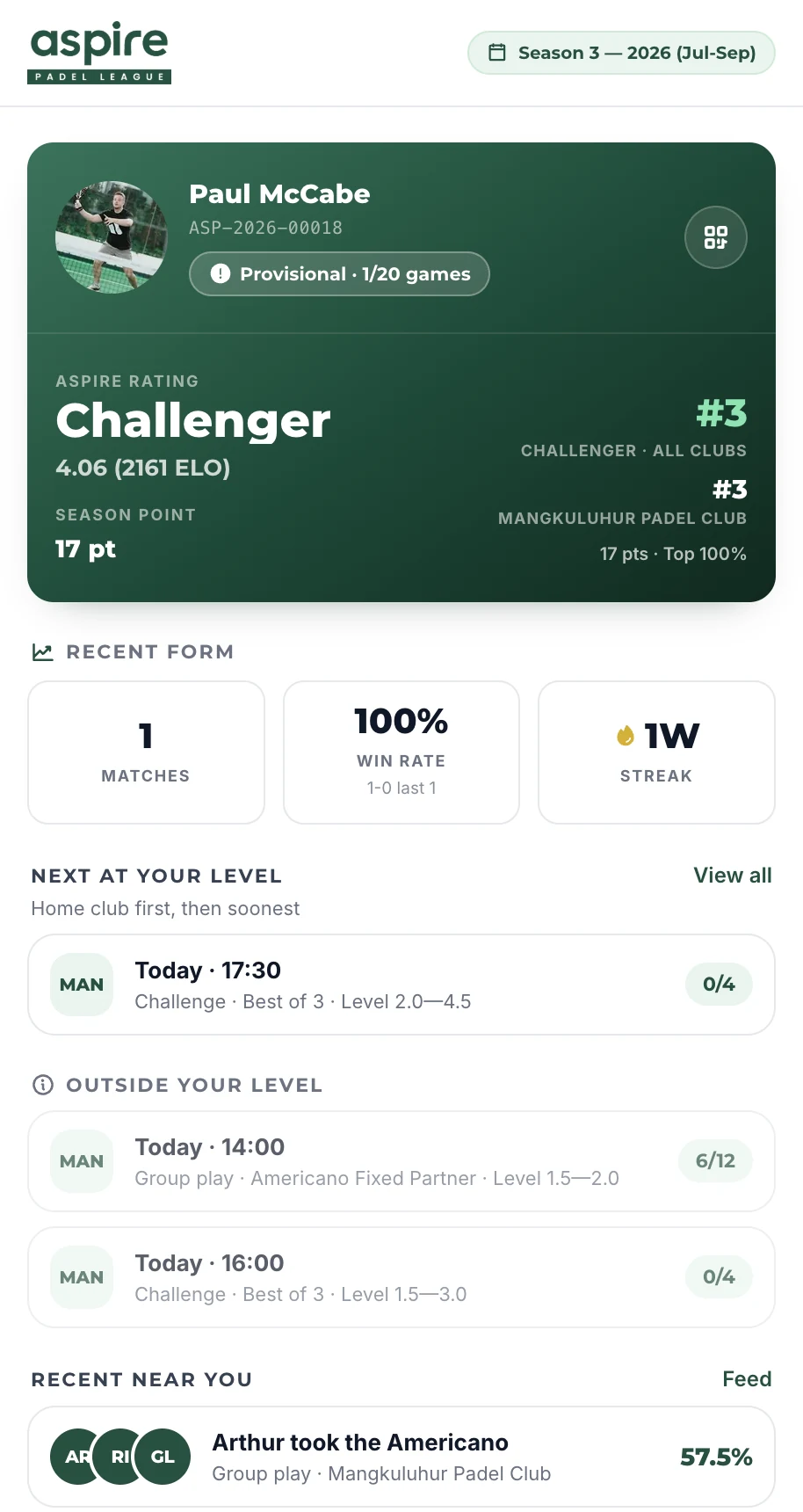 The Aspire Padel League app: a player profile showing their Aspire Rating, tier and season points.